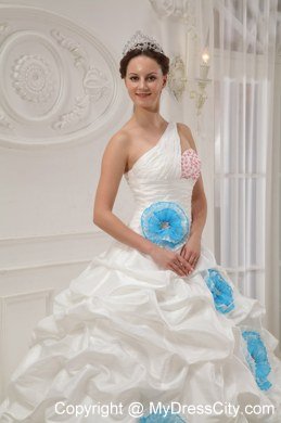 One Shoulder Blue Flowers White Dresses For Sweet 16 With Pick Ups