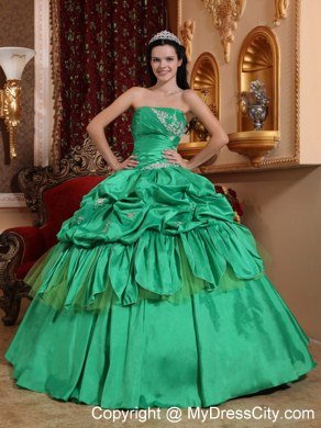 Strapless Appliques Turquoise Quinceanera Dress With Pick Ups