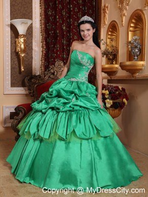 Strapless Appliques Turquoise Quinceanera Dress With Pick Ups