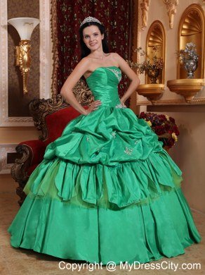 Strapless Appliques Turquoise Quinceanera Dress With Pick Ups