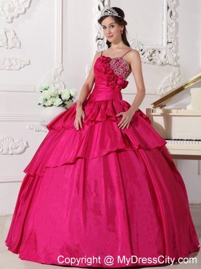 Spaghetti Straps Flowers Beaded Hot Pink Quinceanera Gowns