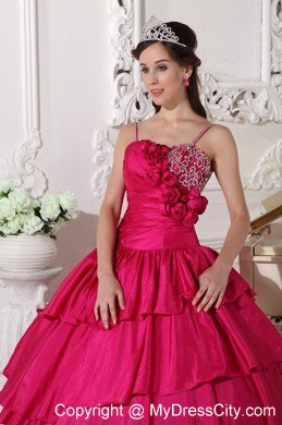 Spaghetti Straps Flowers Beaded Hot Pink Quinceanera Gowns