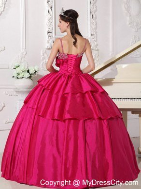 Spaghetti Straps Flowers Beaded Hot Pink Quinceanera Gowns