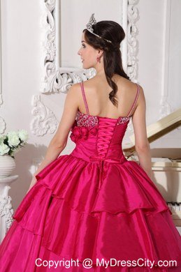 Spaghetti Straps Flowers Beaded Hot Pink Quinceanera Gowns