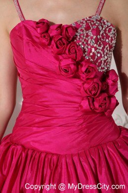 Spaghetti Straps Flowers Beaded Hot Pink Quinceanera Gowns