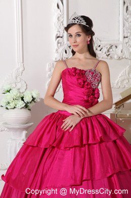 Spaghetti Straps Flowers Beaded Hot Pink Quinceanera Gowns