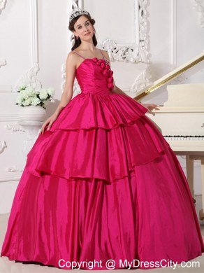 Spaghetti Straps Flowers Beaded Hot Pink Quinceanera Gowns