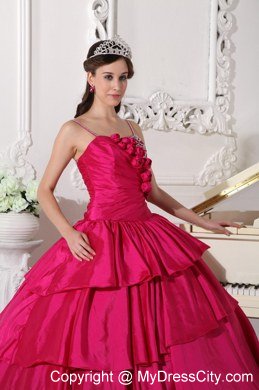 Spaghetti Straps Flowers Beaded Hot Pink Quinceanera Gowns