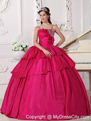 Spaghetti Straps Flowers Beaded Hot Pink Quinceanera Gowns