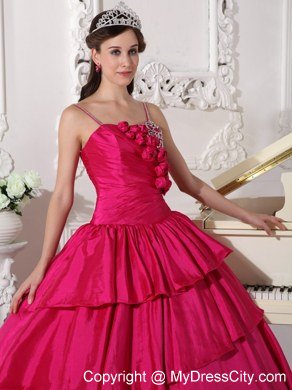 Spaghetti Straps Flowers Beaded Hot Pink Quinceanera Gowns