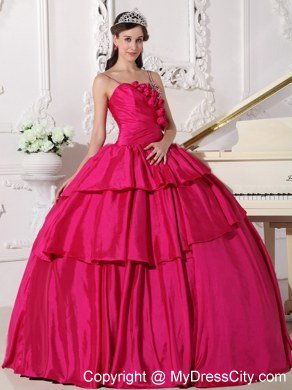 Spaghetti Straps Flowers Beaded Hot Pink Quinceanera Gowns