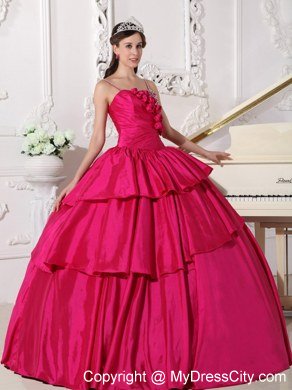 Spaghetti Straps Flowers Beaded Hot Pink Quinceanera Gowns