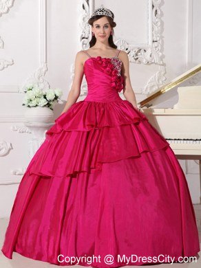 Spaghetti Straps Flowers Beaded Hot Pink Quinceanera Gowns