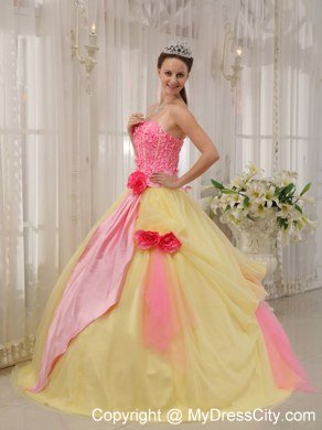 Flowers Strapless Tulle Yellow and Pink Sweetheart 16 Dresses