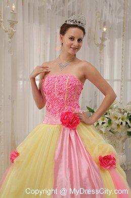 Flowers Strapless Tulle Yellow and Pink Sweetheart 16 Dresses