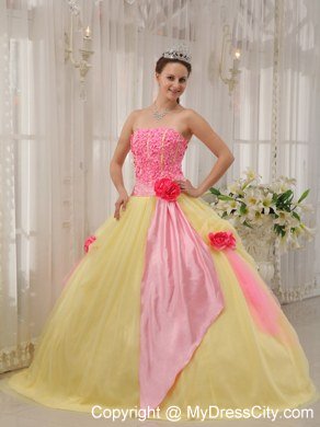 Flowers Strapless Tulle Yellow and Pink Sweetheart 16 Dresses