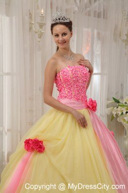 Flowers Strapless Tulle Yellow and Pink Sweetheart 16 Dresses