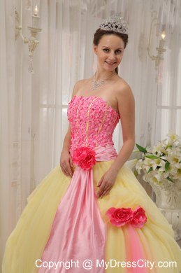 Flowers Strapless Tulle Yellow and Pink Sweetheart 16 Dresses