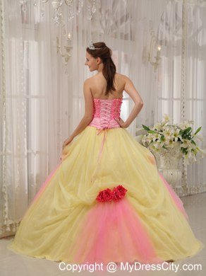 Flowers Strapless Tulle Yellow and Pink Sweetheart 16 Dresses