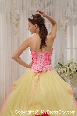 Flowers Strapless Tulle Yellow and Pink Sweetheart 16 Dresses