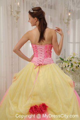 Flowers Strapless Tulle Yellow and Pink Sweetheart 16 Dresses