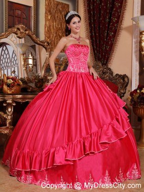 Strapless Embroidery Coral Red 2013 Quinceanera Gowns For Cheap