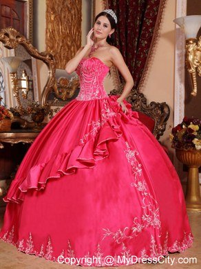 Strapless Embroidery Coral Red 2013 Quinceanera Gowns For Cheap