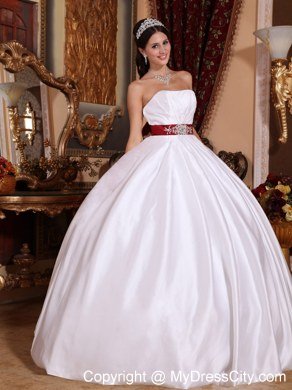 Embroidery With Beading On Red Sash White Quinceanera Dresses