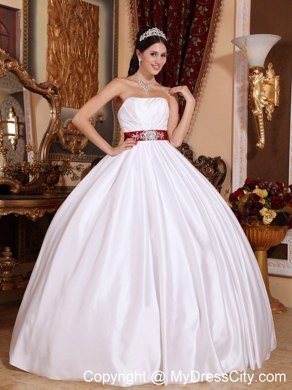 Embroidery With Beading On Red Sash White Quinceanera Dresses