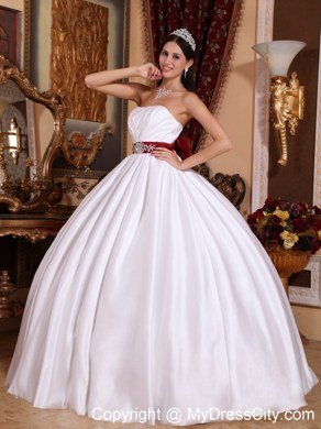 Embroidery With Beading On Red Sash White Quinceanera Dresses