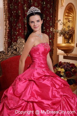 Strapless Beaded Pick Ups Coral Red Quinceanera Party Dresses