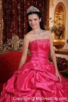 Strapless Beaded Pick Ups Coral Red Quinceanera Party Dresses