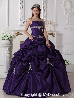 Strapless Appliques and Pick Ups Purple Quinceanera Dresses