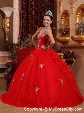 Sweetheart Organza Appliques Red 2013 Quinceanera Gowns