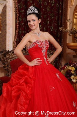 Sweetheart Organza Appliques Red 2013 Quinceanera Gowns