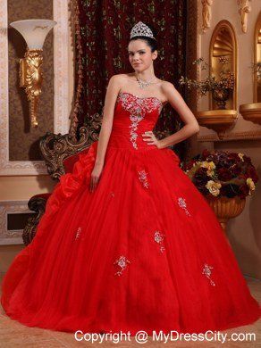 Sweetheart Organza Appliques Red 2013 Quinceanera Gowns