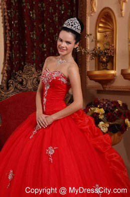 Sweetheart Organza Appliques Red 2013 Quinceanera Gowns