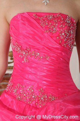 Strapless Tiered Appliques Hot Pink Quinceanera Gowns For 2013