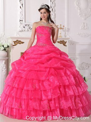 Strapless Tiered Appliques Hot Pink Quinceanera Gowns For 2013