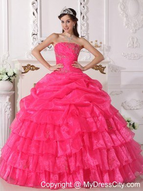 Strapless Tiered Appliques Hot Pink Quinceanera Gowns For 2013