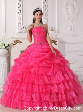 Strapless Tiered Appliques Hot Pink Quinceanera Gowns For 2013