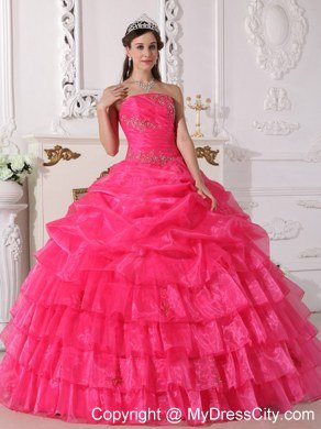 Strapless Tiered Appliques Hot Pink Quinceanera Gowns For 2013