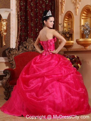 Flowers Strapless Pick Ups Coral Red Cheap Dresses For Sweet 15