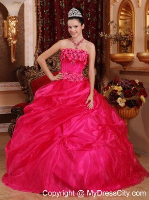 Flowers Strapless Pick Ups Coral Red Cheap Dresses For Sweet 15