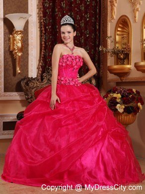 Flowers Strapless Pick Ups Coral Red Cheap Dresses For Sweet 15