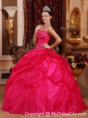 Flowers Strapless Pick Ups Coral Red Cheap Dresses For Sweet 15