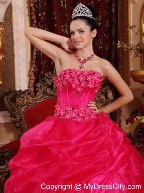 Flowers Strapless Pick Ups Coral Red Cheap Dresses For Sweet 15