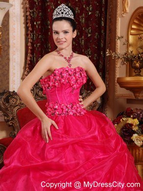 Flowers Strapless Pick Ups Coral Red Cheap Dresses For Sweet 15