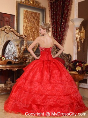 Strapless Organza Appliques With Beading Red Quinceanera Gowns