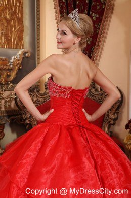 Strapless Organza Appliques With Beading Red Quinceanera Gowns